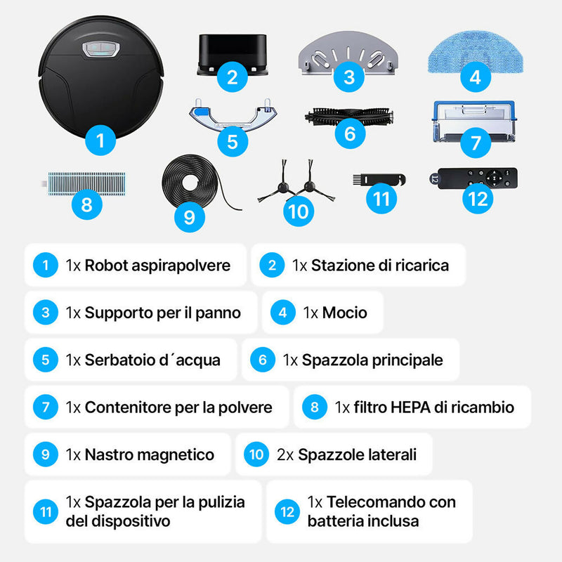 Robot aspirapolvere / 4500PA / 180 minuti di autonomia / Navigazione intelligente / Ampio contenitore per la polvere / 3 filtri HEPA / Potenziamento automatico per i dislivelli / Controllo tramite app