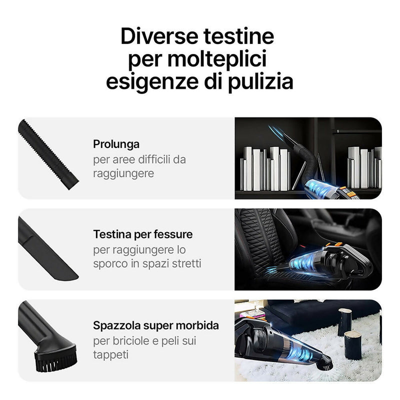 Potente aspirapolvere portatile / 9500Pa / A umido e a secco / 3 testine / Batteria da 2600mAh e luce LED