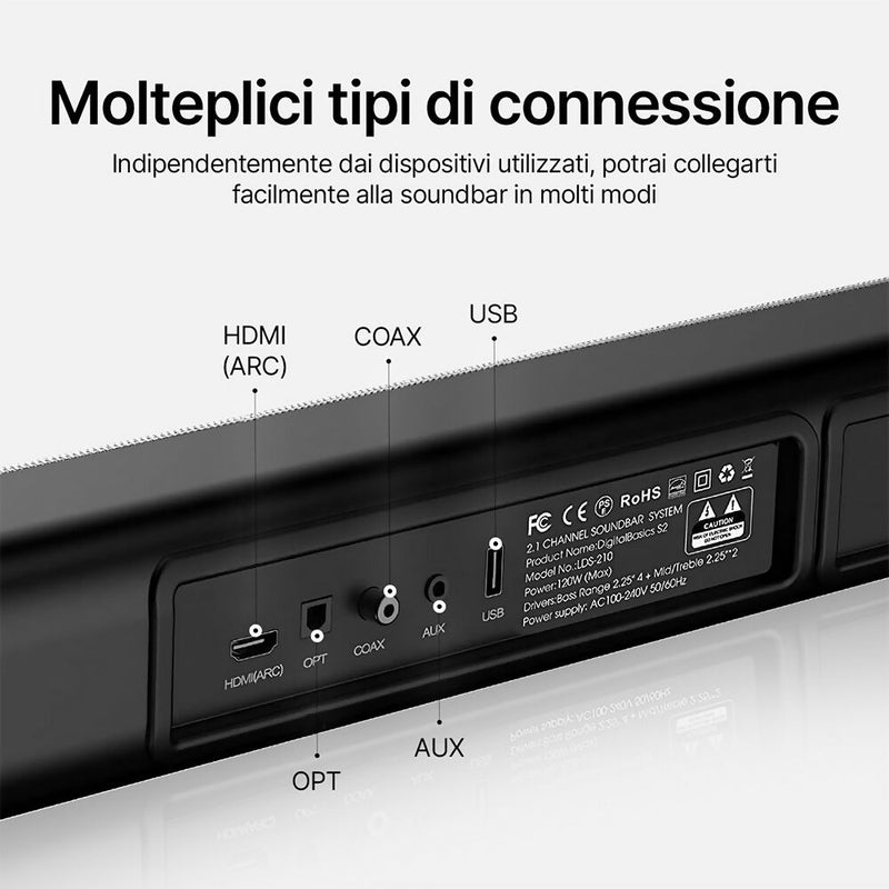 Soundbar per TV, PC, laptop e home cinema da 150 W / Connessioni multiple / Subwoofer e suono surround / Design elegante / 4 modalità di equalizzazione