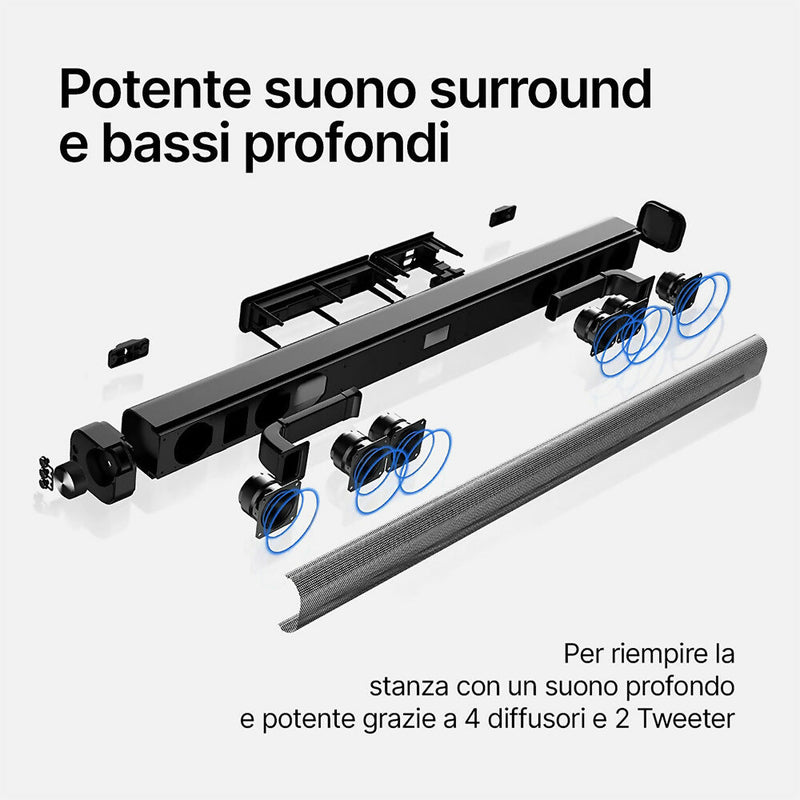 Soundbar per TV, PC, laptop e home cinema da 150 W / Connessioni multiple / Subwoofer e suono surround / Design elegante / 4 modalità di equalizzazione