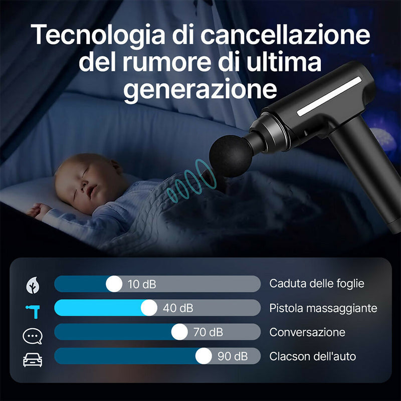 Pistola massaggiante con 30 velocità / Fino a 3200 giri al minuto / 6 testine intercambiabili / Fino a 5 ore di autonomia / Bassa rumorosità