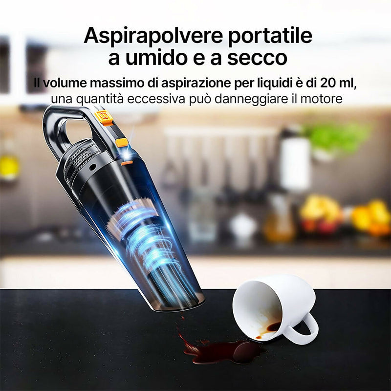 Potente aspirapolvere portatile / 9500Pa / A umido e a secco / 3 testine / Batteria da 2600mAh e luce LED